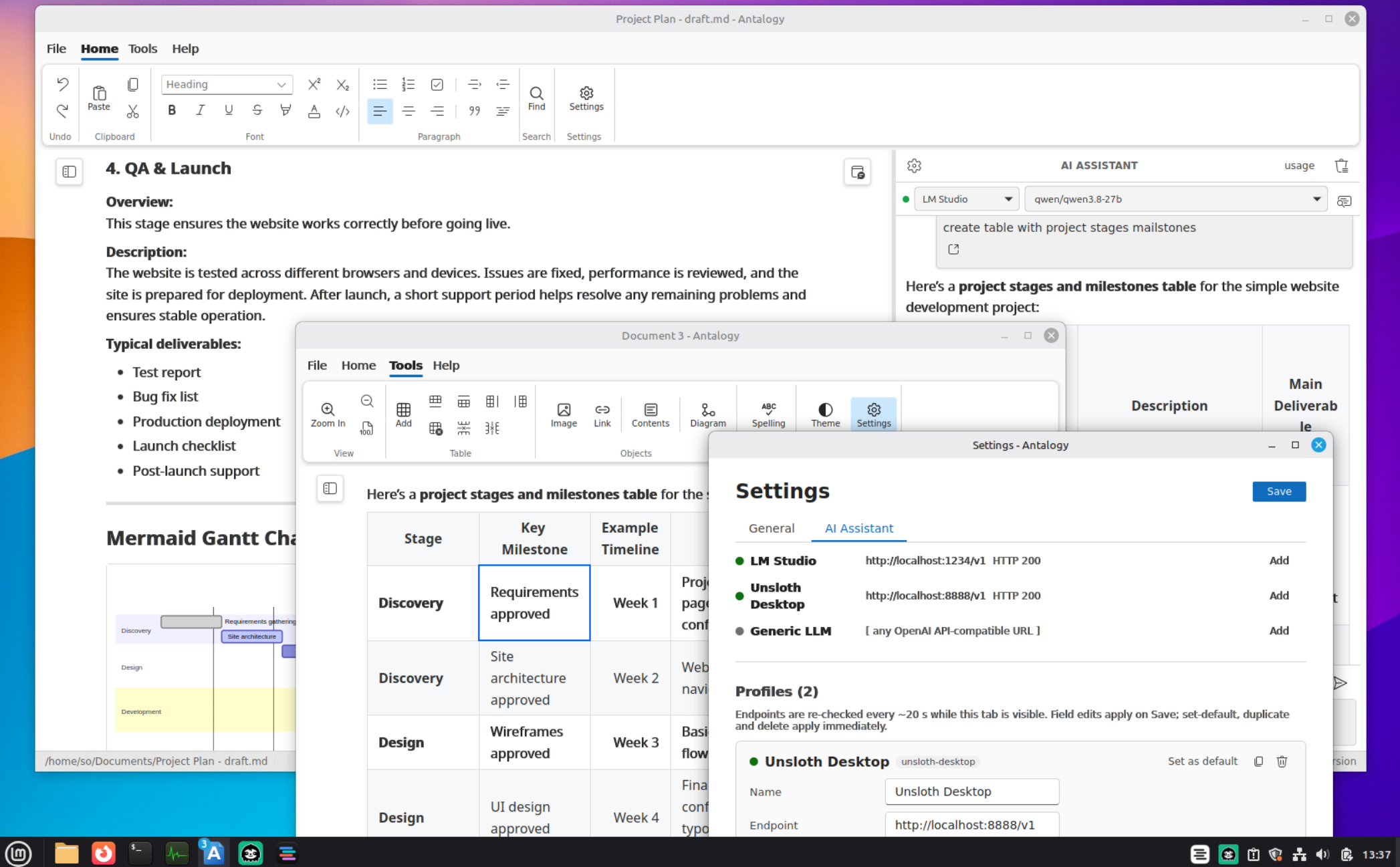 Antalogy editing a Markdown project plan with a Word-style ribbon, an AI Assistant panel generating a project stages and milestones table, and the Settings window showing local LLM engines and profiles.