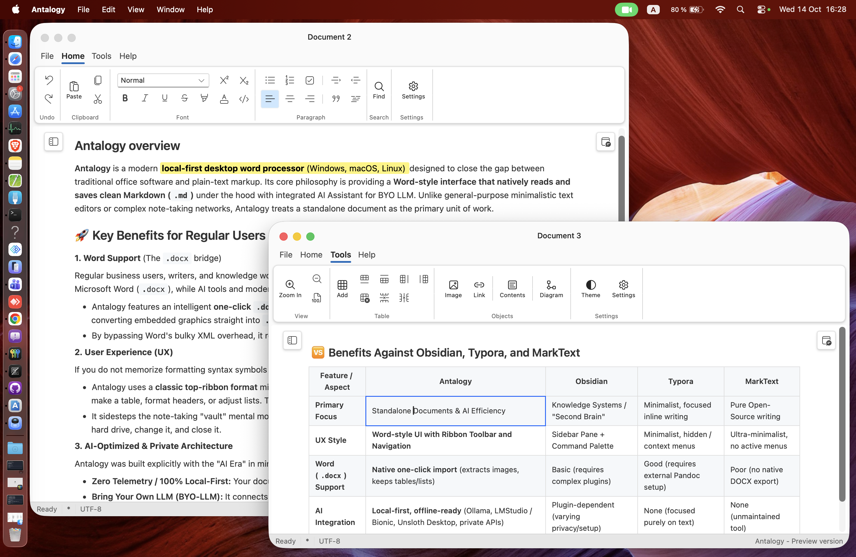 Antalogy editor window: a Word-style ribbon with font and paragraph controls, a navigation outline of document headings on the left, and a formatted Markdown document in the main pane.