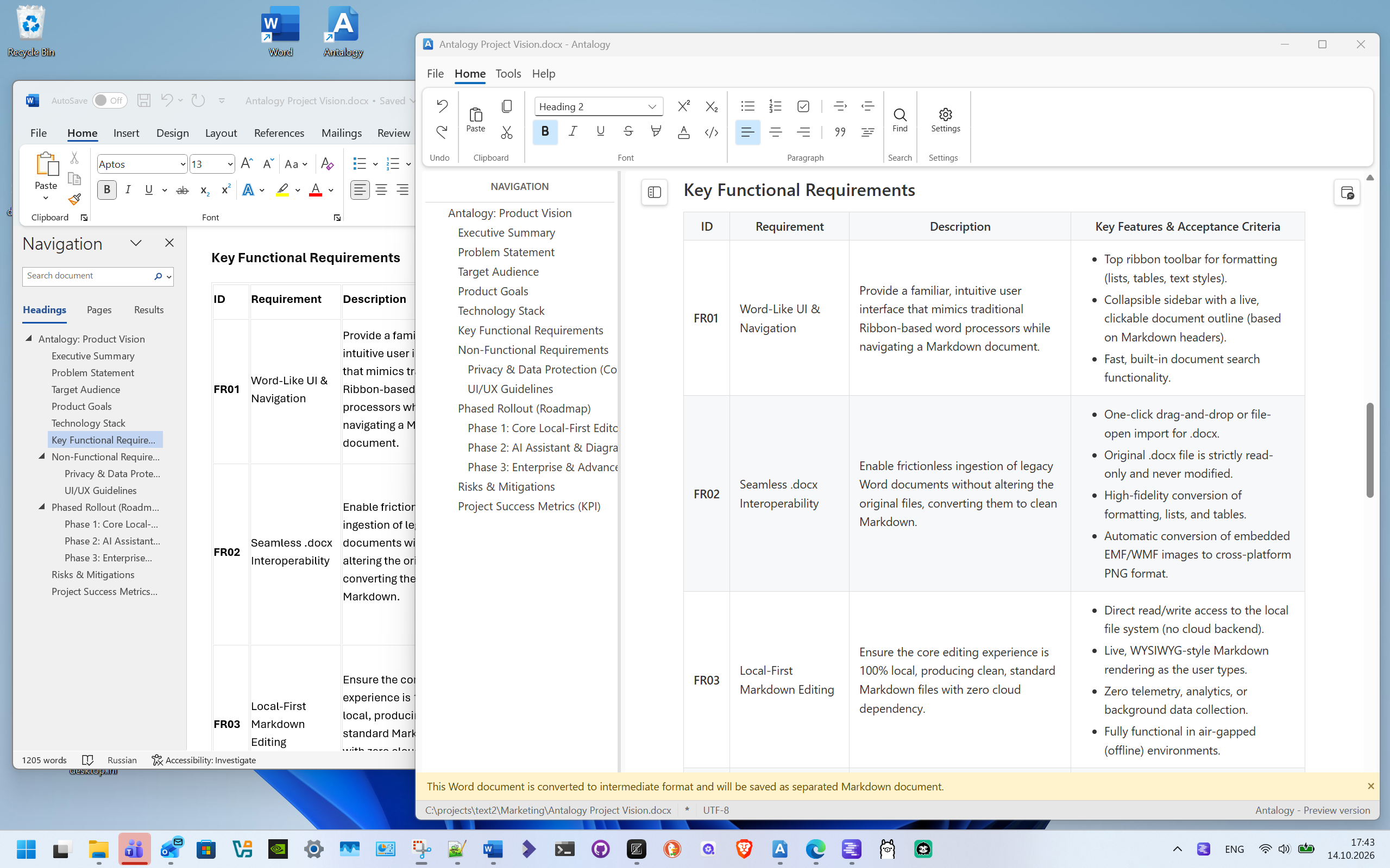 Antalogy showing a table and lists in cells imported from a Word document with its structure preserved.