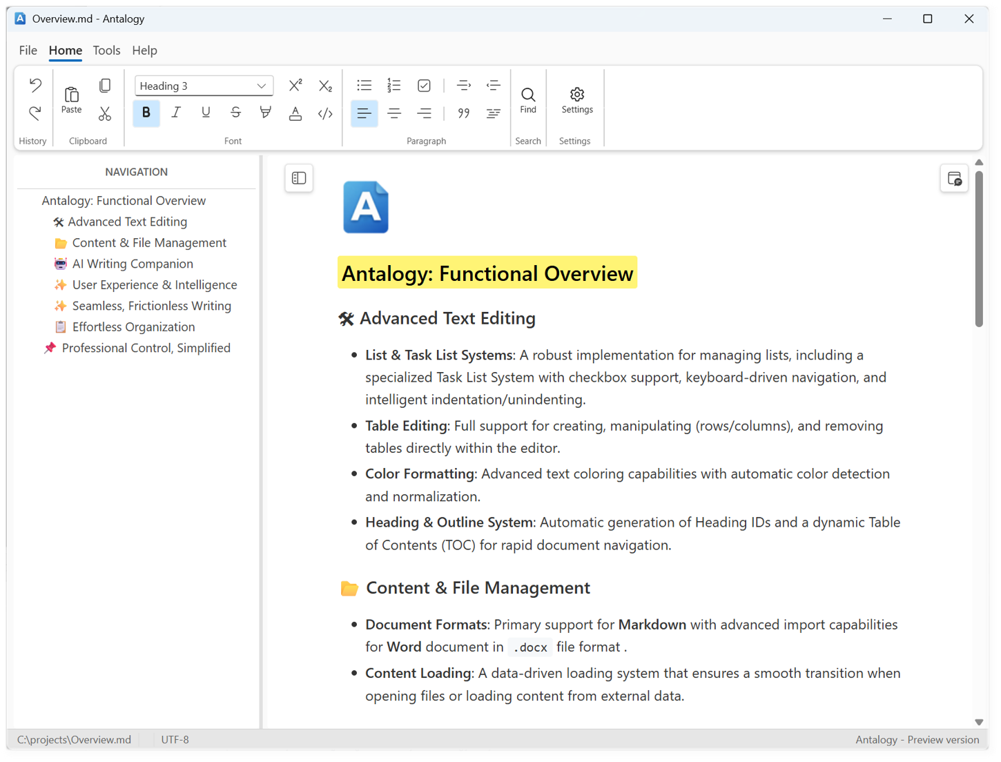 Antalogy editor window: a Word-style ribbon with font and paragraph controls, a navigation outline of document headings on the left, and a formatted Markdown document in the main pane.
